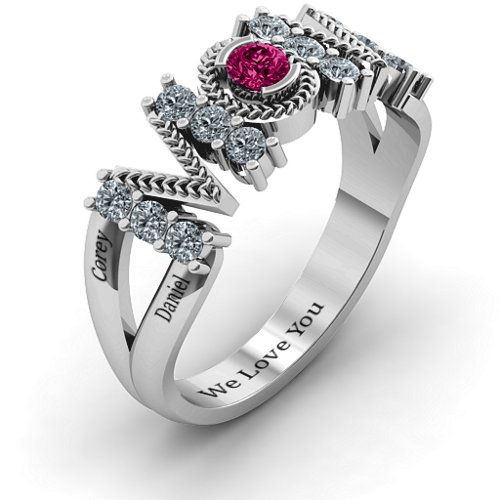 Split Shank Stone Filled MOM Ring – Sterling Silver with Cubic Zirconia and Ruby