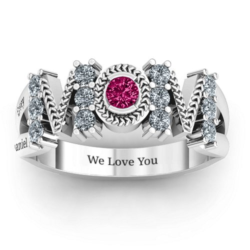 Split Shank Stone Filled MOM Ring – Sterling Silver with Cubic Zirconia and Ruby