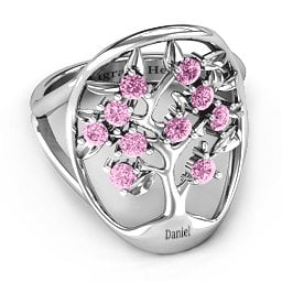 Oval Family Tree Ring in 925 Sterling Silver with Pink Sapphire