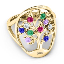 Oval Family Tree Ring in 10K Solid Yellow Gold with Emerald, Ruby, Cubic Zirconia, Amethyst, and Blue Sapphire