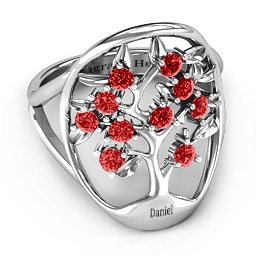 Oval Family Tree Ring in 925 Sterling Silver with Garnet