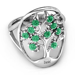 Oval Family Tree Ring in 925 Sterling Silver with Emerald