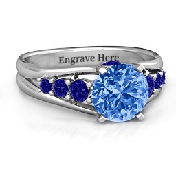 Radiant Love Ring with Collar Gems in 925 Sterling Silver with Fancy Blue Premium Zirconia and Blue Sapphire