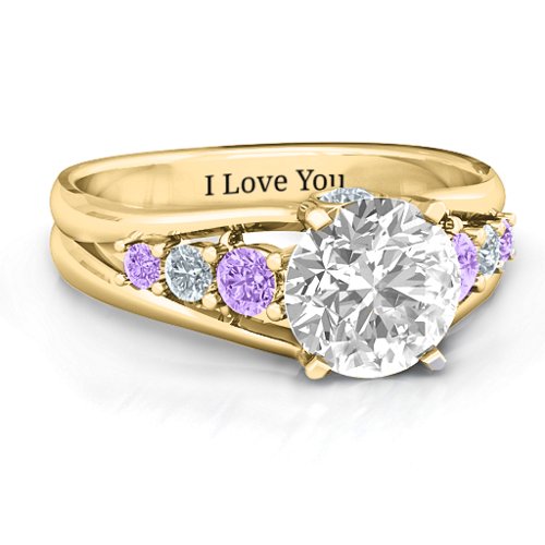 Radiant Love Ring with Collar Gems – 10K Yellow Gold with White Premium Zirconia, Amethyst, and Cubic Zirconia