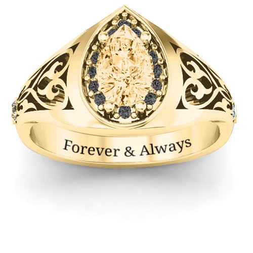 Aphrodite Ring with Side Gems – 10K Yellow Gold with Fancy Yellow Premium Zirconia, Black Premium Zirconia, and Cubic Zirconia