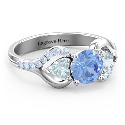 Hearts United Gemstone Ring with Accents in 925 Sterling Silver with Fancy Blue Premium Zirconia and Aquamarine