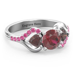 Hearts United Gemstone Ring with Accents in 925 Sterling Silver with Red Premium Zirconia and Garnet