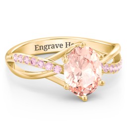 Oval Cut Gemstone Ring with Twisted Band and Accents in 18K Gold Plated Silver with Morganite and Fancy Pink Premium Zirconia