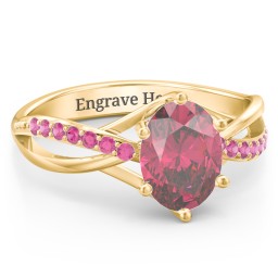 Oval Cut Gemstone Ring with Twisted Band and Accents in 18K Gold Plated Silver with Red Premium Zirconia