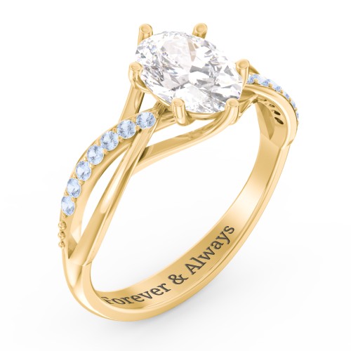 Oval Cut Gemstone Ring with Twisted Band and Accents – 14K Yellow Gold with White Premium Zirconia and Fancy Blue Premium Zirconia