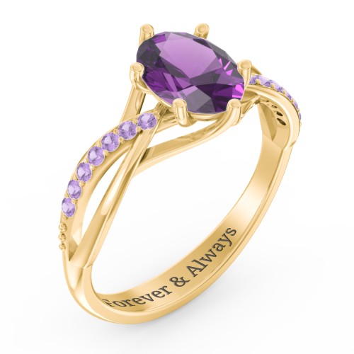 Oval Cut Gemstone Ring with Twisted Band and Accents – 18K Gold Plated Silver with Amethyst and Amethyst Premium Zirconia