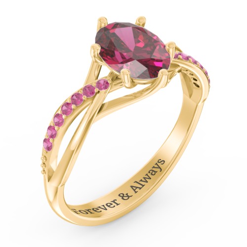 Oval Cut Gemstone Ring with Twisted Band and Accents – 18K Gold Plated Silver with Red Premium Zirconia
