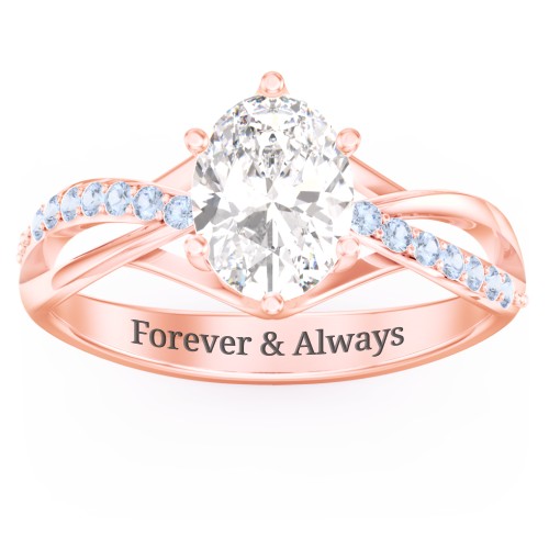 Oval Cut Gemstone Ring with Twisted Band and Accents – 10K Rose Gold with White Premium Zirconia and Fancy Blue Premium Zirconia