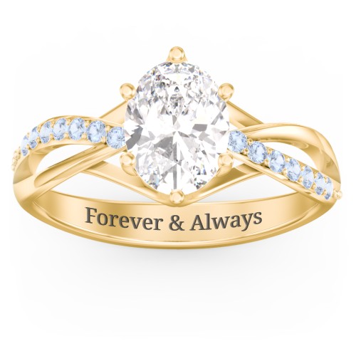 Oval Cut Gemstone Ring with Twisted Band and Accents – 14K Yellow Gold with White Premium Zirconia and Fancy Blue Premium Zirconia