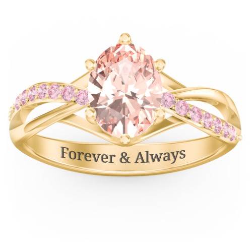 Oval Cut Gemstone Ring with Twisted Band and Accents – 18K Gold Plated Silver with Morganite and Fancy Pink Premium Zirconia