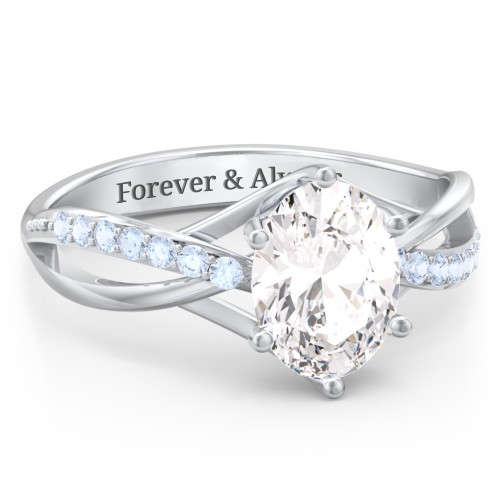Oval Cut Gemstone Ring with Twisted Band and Accents – 10K White Gold with White Premium Zirconia and Fancy Blue Premium Zirconia