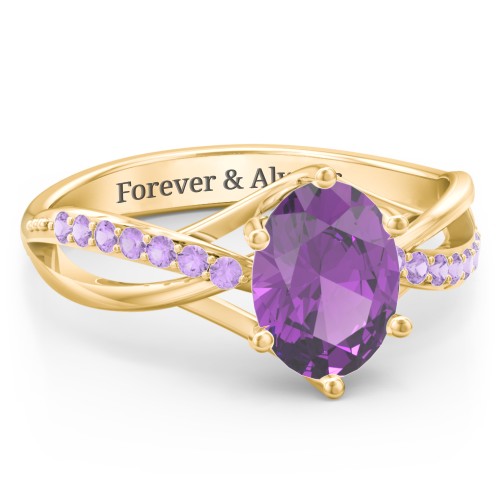 Oval Cut Gemstone Ring with Twisted Band and Accents – 18K Gold Plated Silver with Amethyst and Amethyst Premium Zirconia