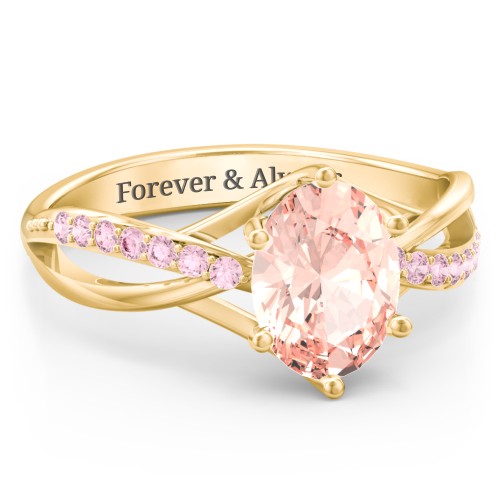 Oval Cut Gemstone Ring with Twisted Band and Accents – 18K Gold Plated Silver with Morganite and Fancy Pink Premium Zirconia