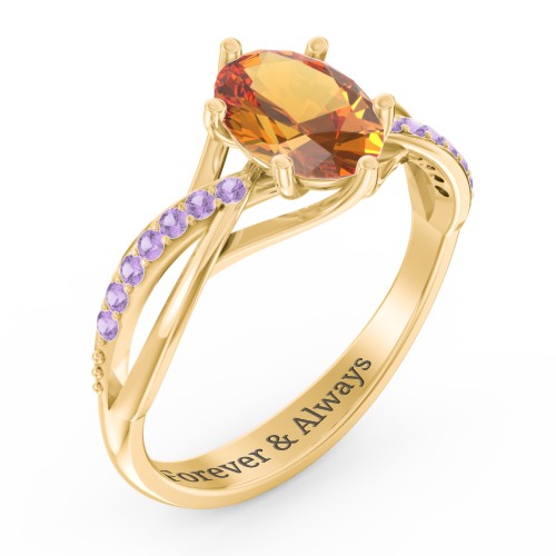 Oval Cut Gemstone Ring with Twisted Band and Accents – 18K Gold Plated Silver with Citrine and Amethyst Premium Zirconia