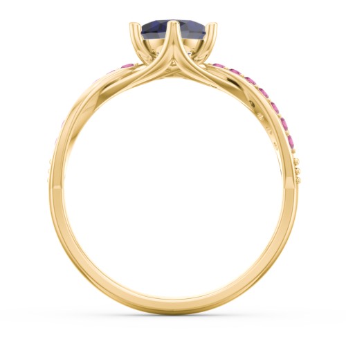 Oval Cut Gemstone Ring with Twisted Band and Accents – 18K Gold Plated Silver with Blue Sapphire and Red Premium Zirconia