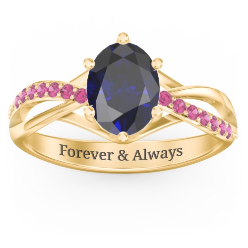 Oval Cut Gemstone Ring with Twisted Band and Accents – 18K Gold Plated Silver with Blue Sapphire and Red Premium Zirconia
