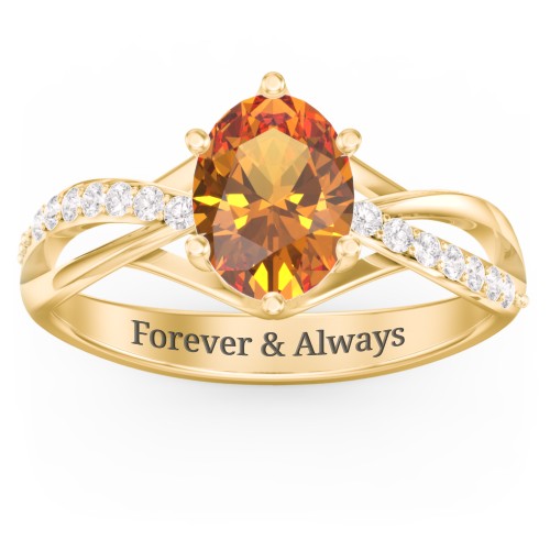 Oval Cut Gemstone Ring with Twisted Band and Accents – 18K Gold Plated Silver with Citrine and White Premium Zirconia