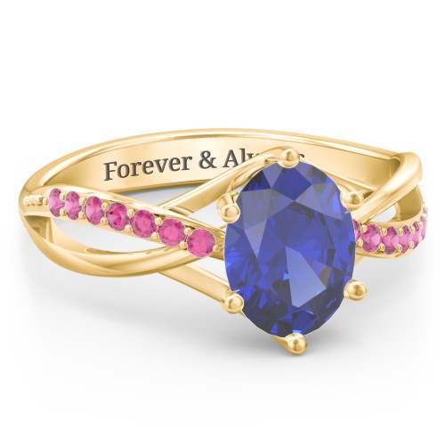 Oval Cut Gemstone Ring with Twisted Band and Accents – 18K Gold Plated Silver with Blue Sapphire and Red Premium Zirconia