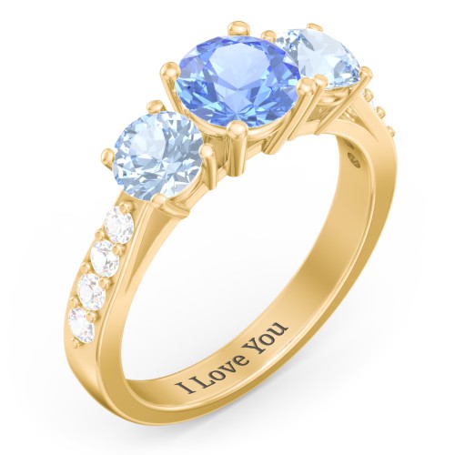 Majestic 3 Stone Eternity Ring with Accents – 10K Yellow Gold with Fancy Blue Premium Zirconia, Aquamarine, and Cubic Zirconia
