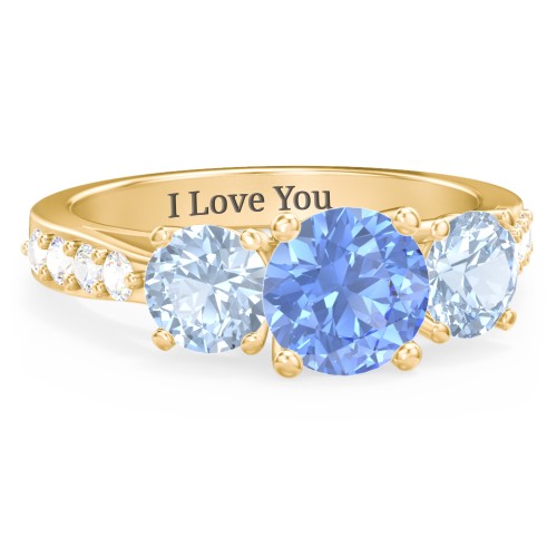 Majestic 3 Stone Eternity Ring with Accents – 10K Yellow Gold with Fancy Blue Premium Zirconia, Aquamarine, and Cubic Zirconia