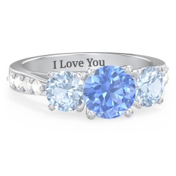 Majestic 3 Stone Eternity Ring with Accents in 925 Sterling Silver with Fancy Blue Premium Zirconia, Aquamarine, and Cubic Zirconia