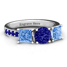 Majestic Round & Princess 3 Stone Ring with Accents in 925 Sterling Silver with Blue Sapphire and Fancy Blue Premium Zirconia