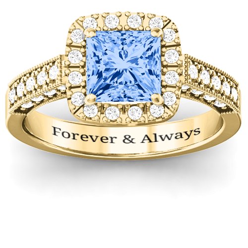 Brilliant Princess Ring with Profile Accents – 10K Yellow Gold with Fancy Blue Premium Zirconia and White Premium Zirconia