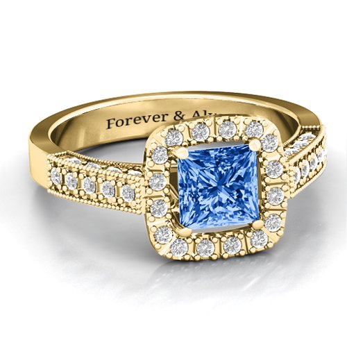 Brilliant Princess Ring with Profile Accents – 10K Yellow Gold with Fancy Blue Premium Zirconia and White Premium Zirconia