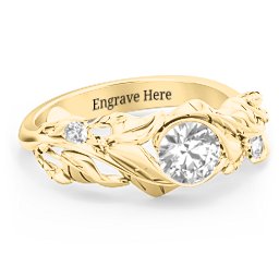 Solitaire Leaf Ring with Accent Stones in 14K Solid Yellow Gold with White Premium Zirconia