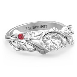 Solitaire Leaf Ring with Accent Stones in 925 Sterling Silver with Diamond and Garnet
