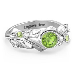 Solitaire Leaf Ring with Accent Stones in 925 Sterling Silver with Peridot