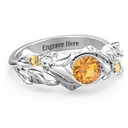 Solitaire Leaf Ring with Accent Stones in 925 Sterling Silver with Diamond and Citrine
