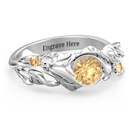 Solitaire Leaf Ring with Accent Stones in 925 Sterling Silver with Citrine