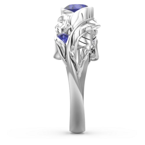 Solitaire Leaf Ring with Accent Stones – Sterling Silver with Blue Sapphire