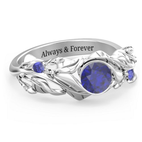 Solitaire Leaf Ring with Accent Stones – Sterling Silver with Blue Sapphire