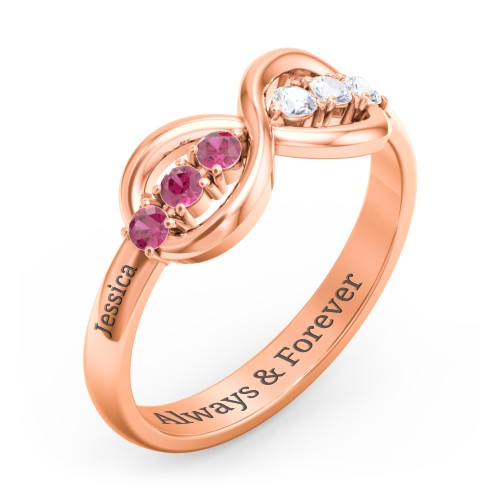 Engravable Infinity Ring with Birthstones – 10K Rose Gold with Ruby and Cubic Zirconia