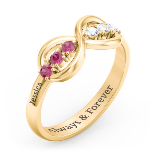 Engravable Infinity Ring with Birthstones – 14K Yellow Gold with Ruby and Cubic Zirconia