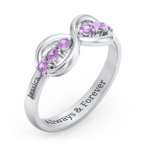 Engravable Infinity Ring with Birthstones – Sterling Silver with Amethyst