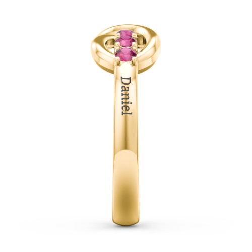 Engravable Infinity Ring with Birthstones – 10K Yellow Gold with Emerald and Ruby