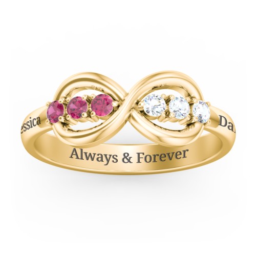 Engravable Infinity Ring with Birthstones – 14K Yellow Gold with Ruby and Cubic Zirconia