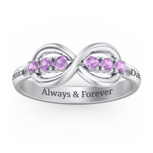 Engravable Infinity Ring with Birthstones – Sterling Silver with Amethyst