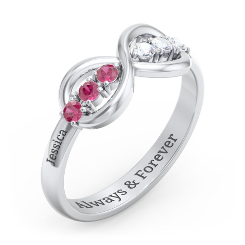 Engravable Infinity Ring with Birthstones – Sterling Silver with Ruby and Cubic Zirconia