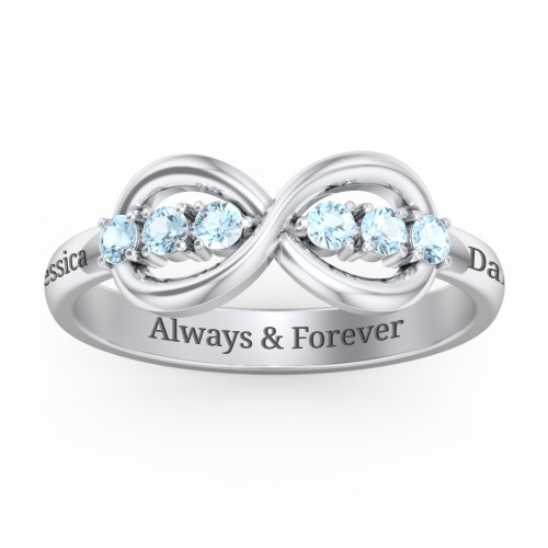 Engravable Infinity Ring with Birthstones – Sterling Silver with Blue Topaz