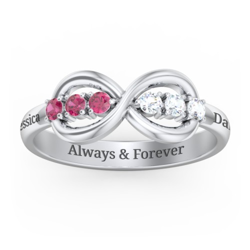 Engravable Infinity Ring with Birthstones – Sterling Silver with Ruby and Cubic Zirconia