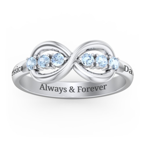 Engravable Infinity Ring with Birthstones – Sterling Silver with Blue Topaz